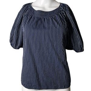 A New Approach Puffy Sleeve Striped Blouse Dark Blue & White Size XS